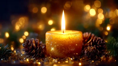 Lit Christmas Candle With Pinecones And Bokeh Lights