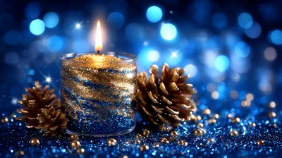 Glittering Candle With Pinecones On Blue Background