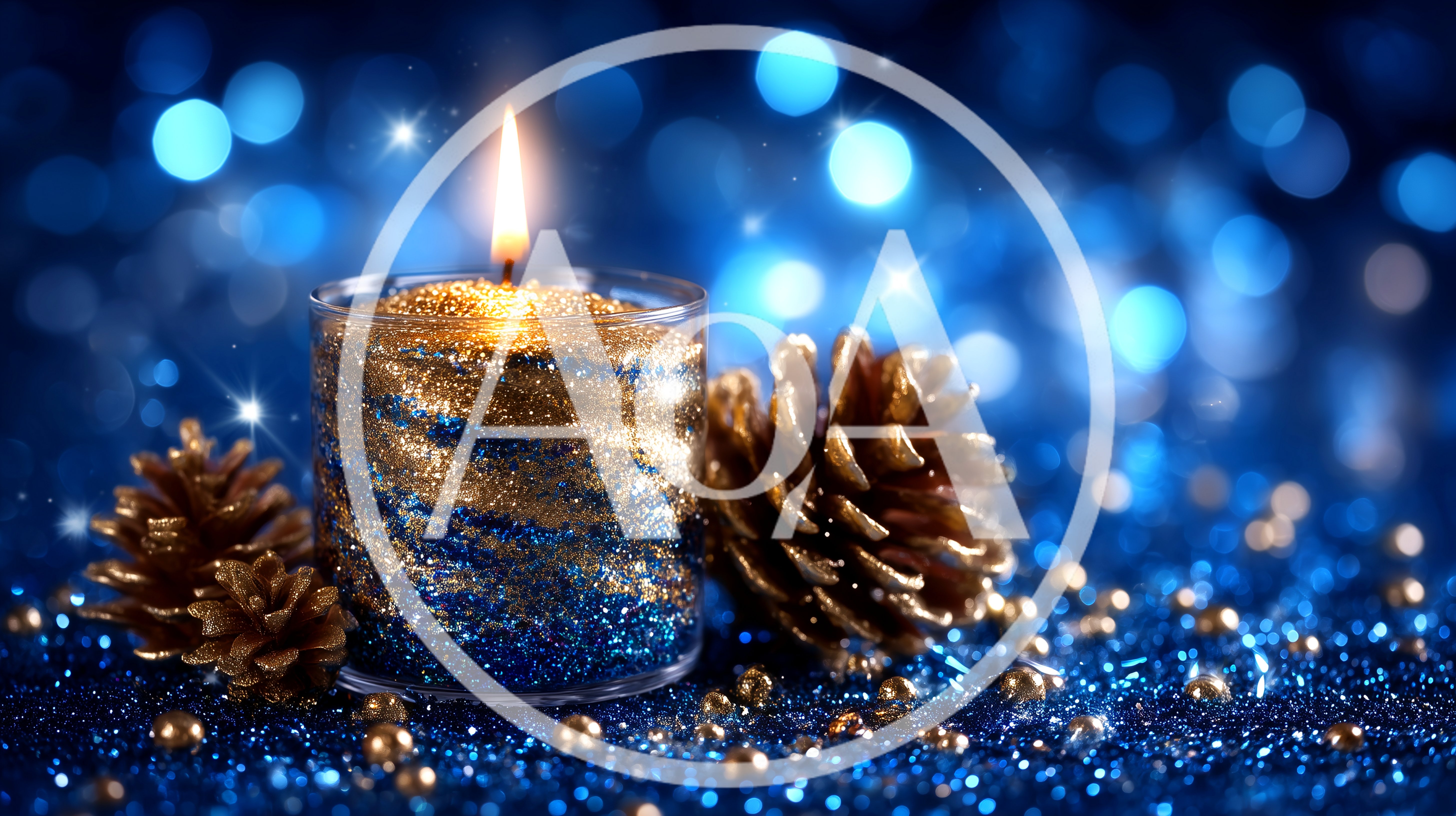 Glittering Candle With Pinecones On Blue Background