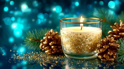 Lit Candle With Gold Glitter And Pine Cones