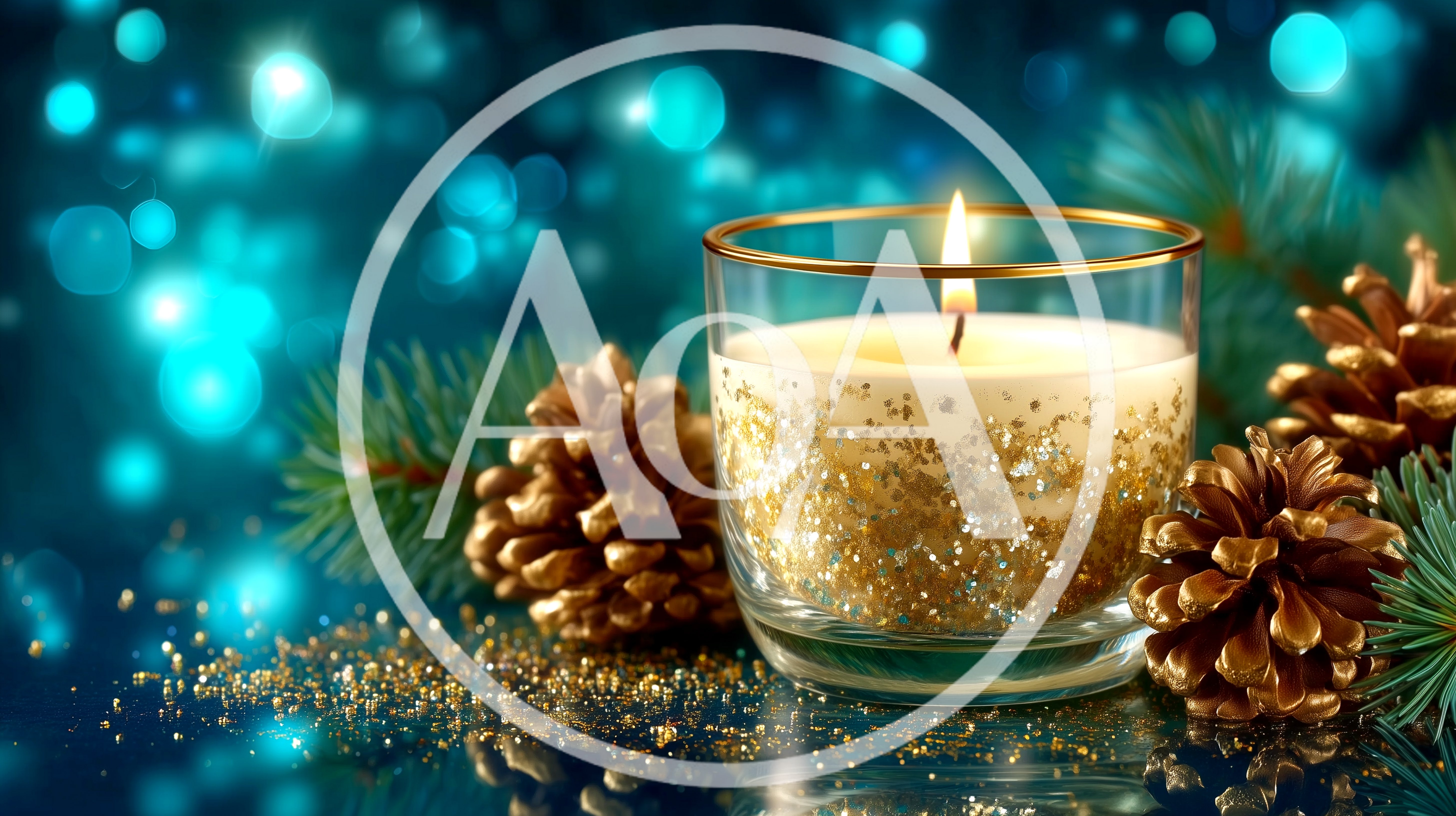 Lit Candle With Gold Glitter And Pine Cones