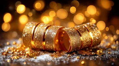 Golden Glittering Ribbon Rolls on Snowy Surface