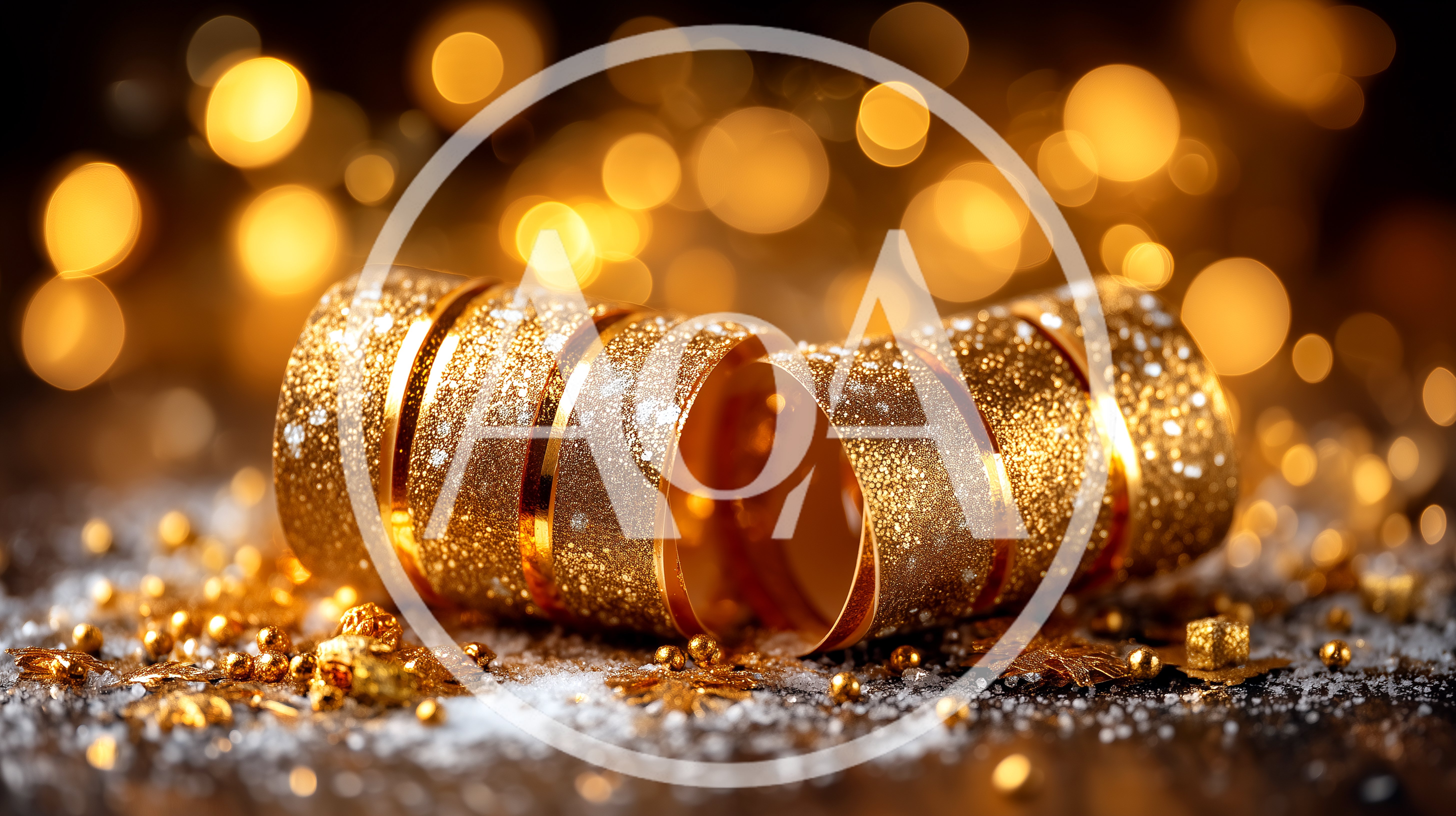 Golden Glittering Ribbon Rolls on Snowy Surface