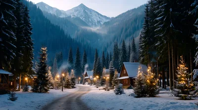 Snowy Mountain Village With Decorated Christmas Trees