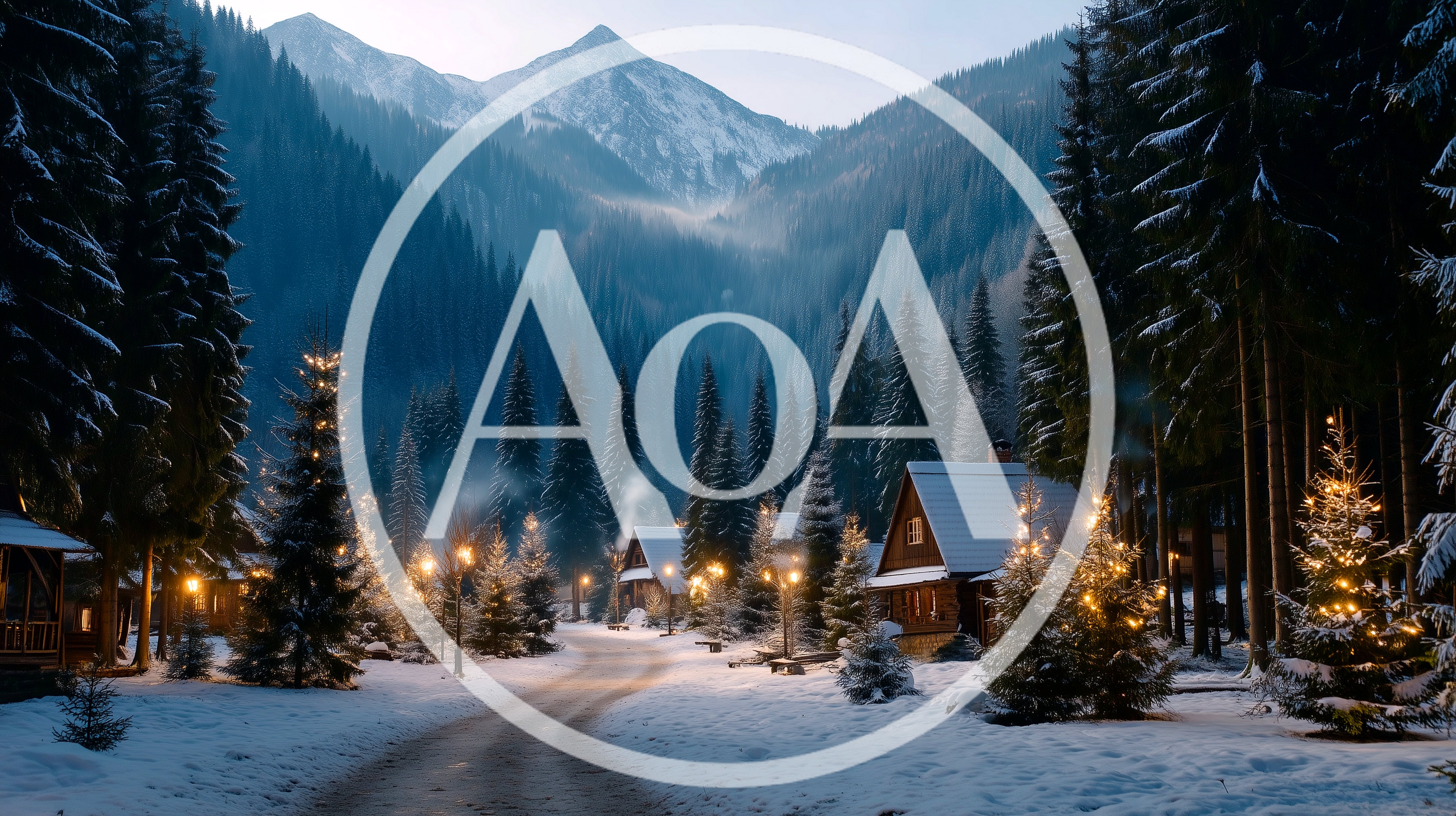Snowy Mountain Village With Decorated Christmas Trees