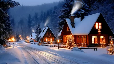 Cozy Winter Village Cottages With Christmas Lights