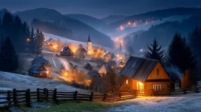 Cozy Mountain Village At Twilight