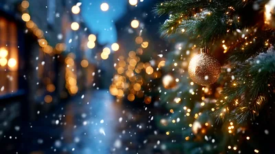 Golden Christmas Ornament Hanging On Snowy Pine Tree