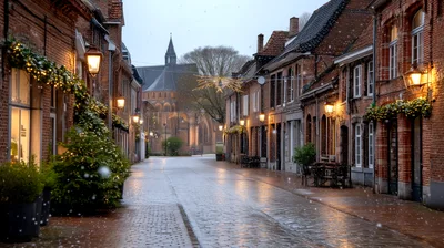Charming European Street Scene During A Winter Snowfall
