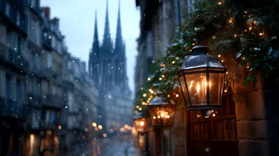 Snowy European Street With Illuminated Christmas Lanterns