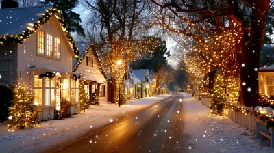 Cozy Suburban Street Decorated With Christmas Lights In Winter