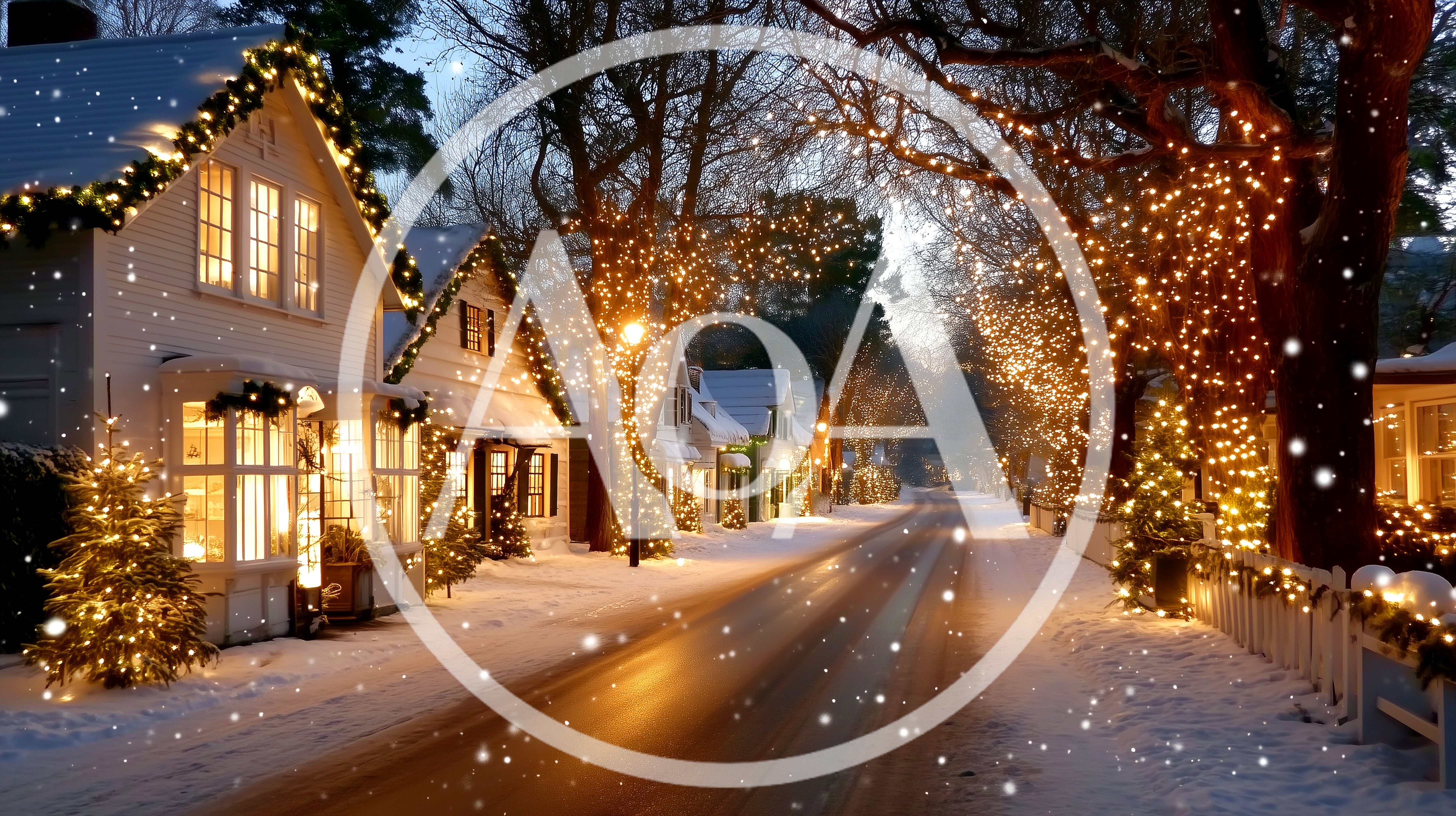 Cozy Suburban Street Decorated With Christmas Lights In Winter