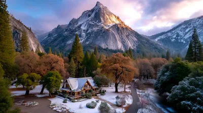 Cozy Cabin Nestled In Snowy Yosemite Valley Landscape