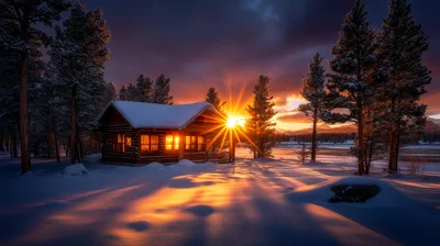 Cozy Log Cabin In Snowy Winter Landscape At Sunset
