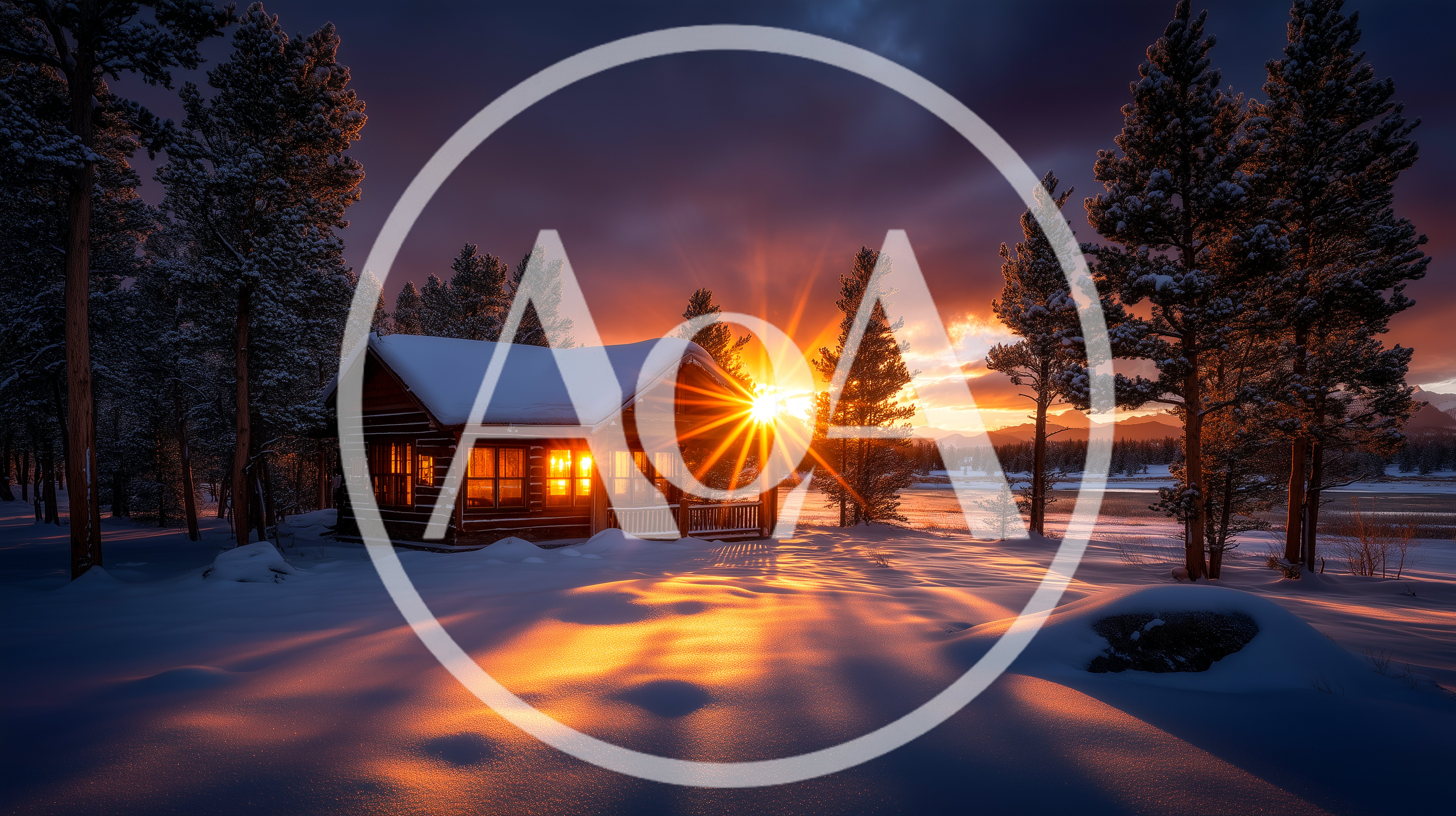 Cozy Log Cabin In Snowy Winter Landscape At Sunset