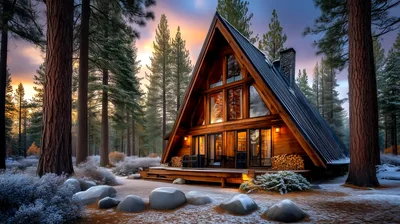 A-Frame Cabin In Snowy Pine Forest At Sunset
