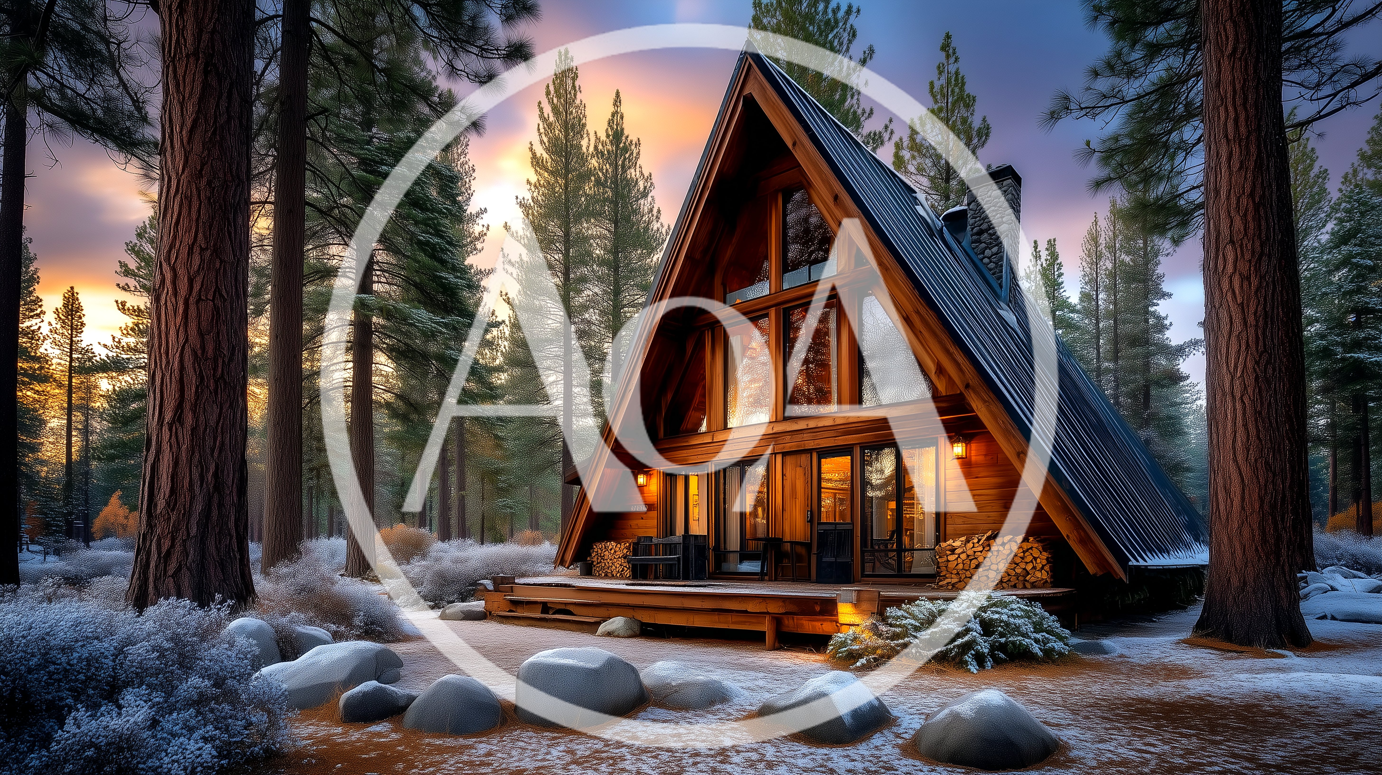 A-Frame Cabin In Snowy Pine Forest At Sunset