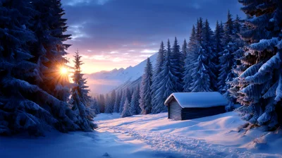 Snowy Mountain Cabin at Sunrise in Winter Forest