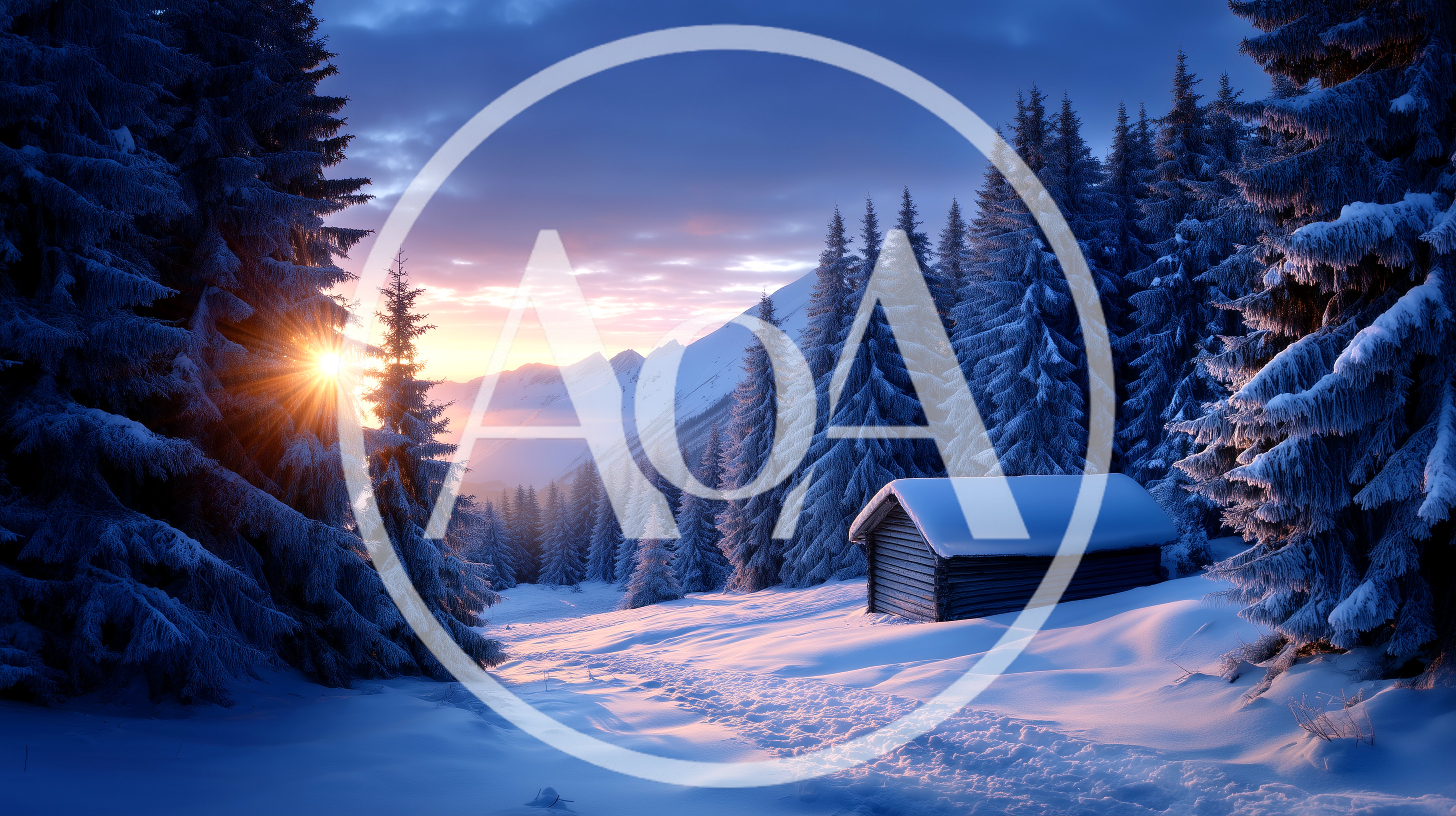 Snowy Mountain Cabin at Sunrise in Winter Forest