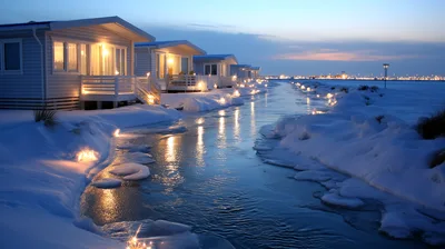 Row Of Holiday Cabins Beside A Frozen Snowy Canal