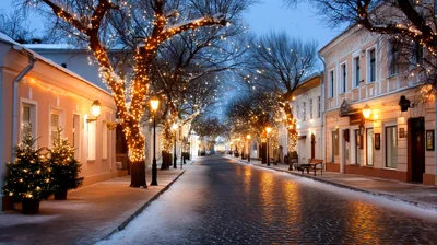 Festive Winter Street Decorated With Christmas Lights