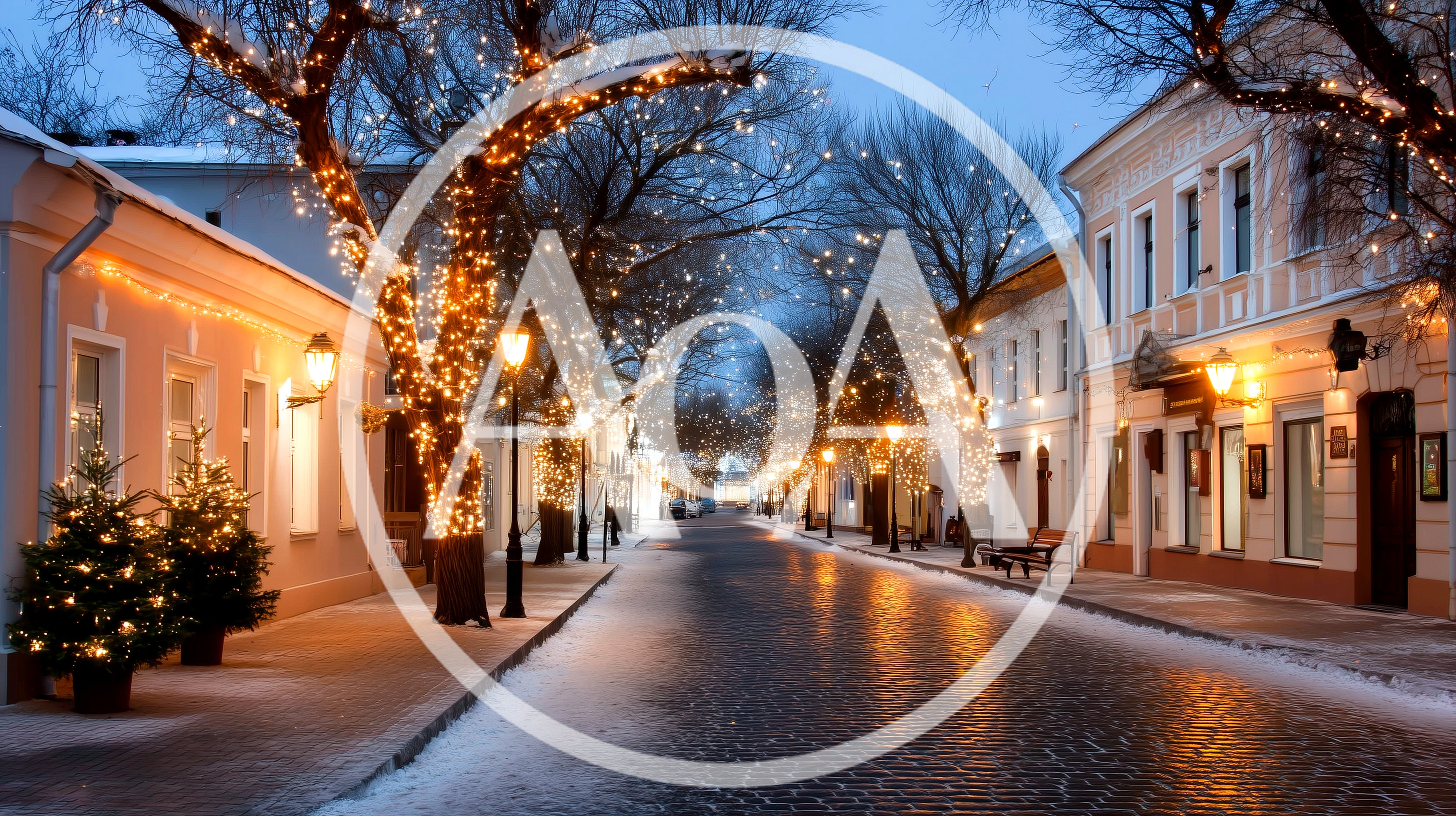 Festive Winter Street Decorated With Christmas Lights