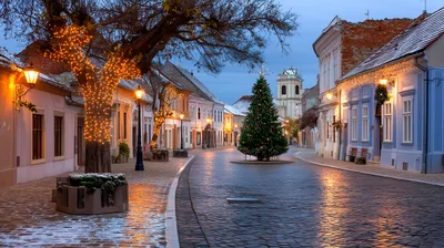 Festive Christmas Tree In A Historic European Town Square