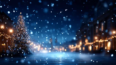 Illuminated Christmas Tree In Snowy Town Square At Night