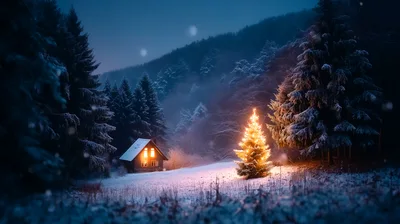 Illuminated Christmas Tree Near Snowy Cabin In Forest