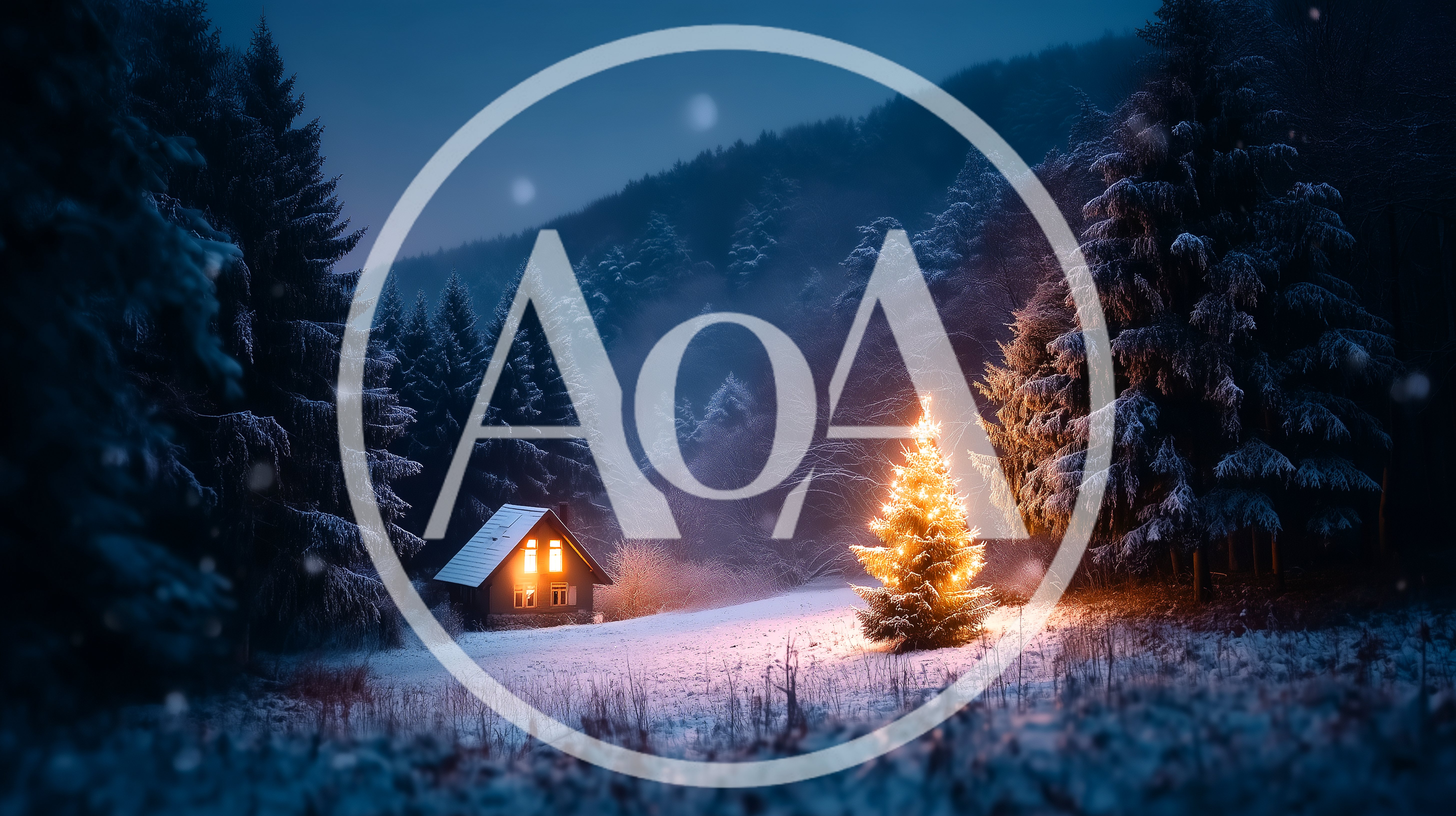 Illuminated Christmas Tree Near Snowy Cabin In Forest