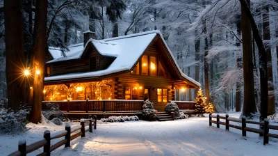 Cozy Log Cabin In Snowy Winter Forest