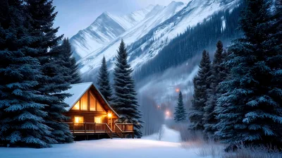 Cozy Log Cabin In Snowy Mountain Landscape