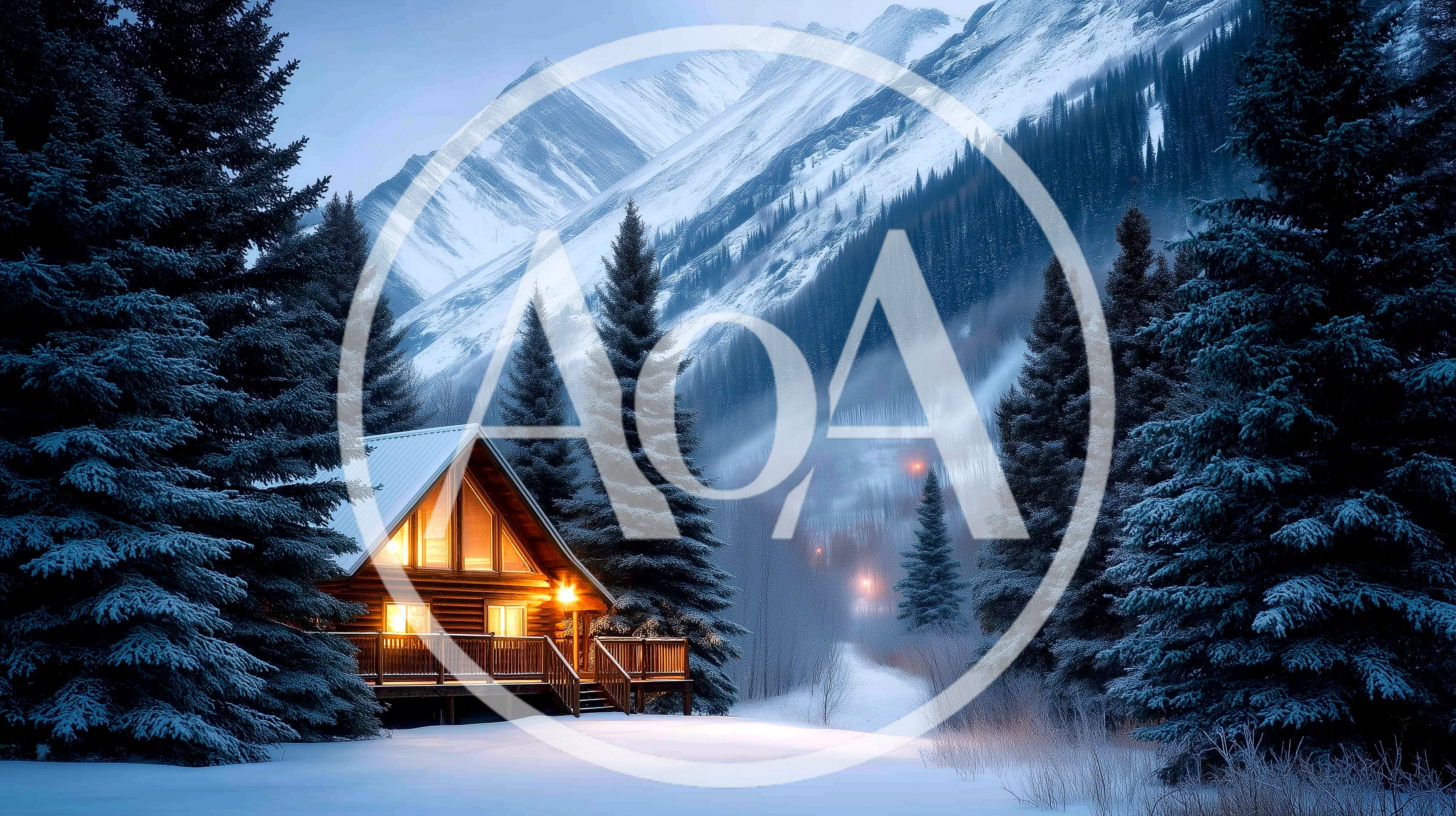 Cozy Log Cabin In Snowy Mountain Landscape