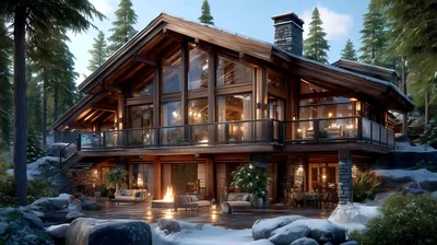 Luxury Wooden Mountain Cabin In Snowy Forest