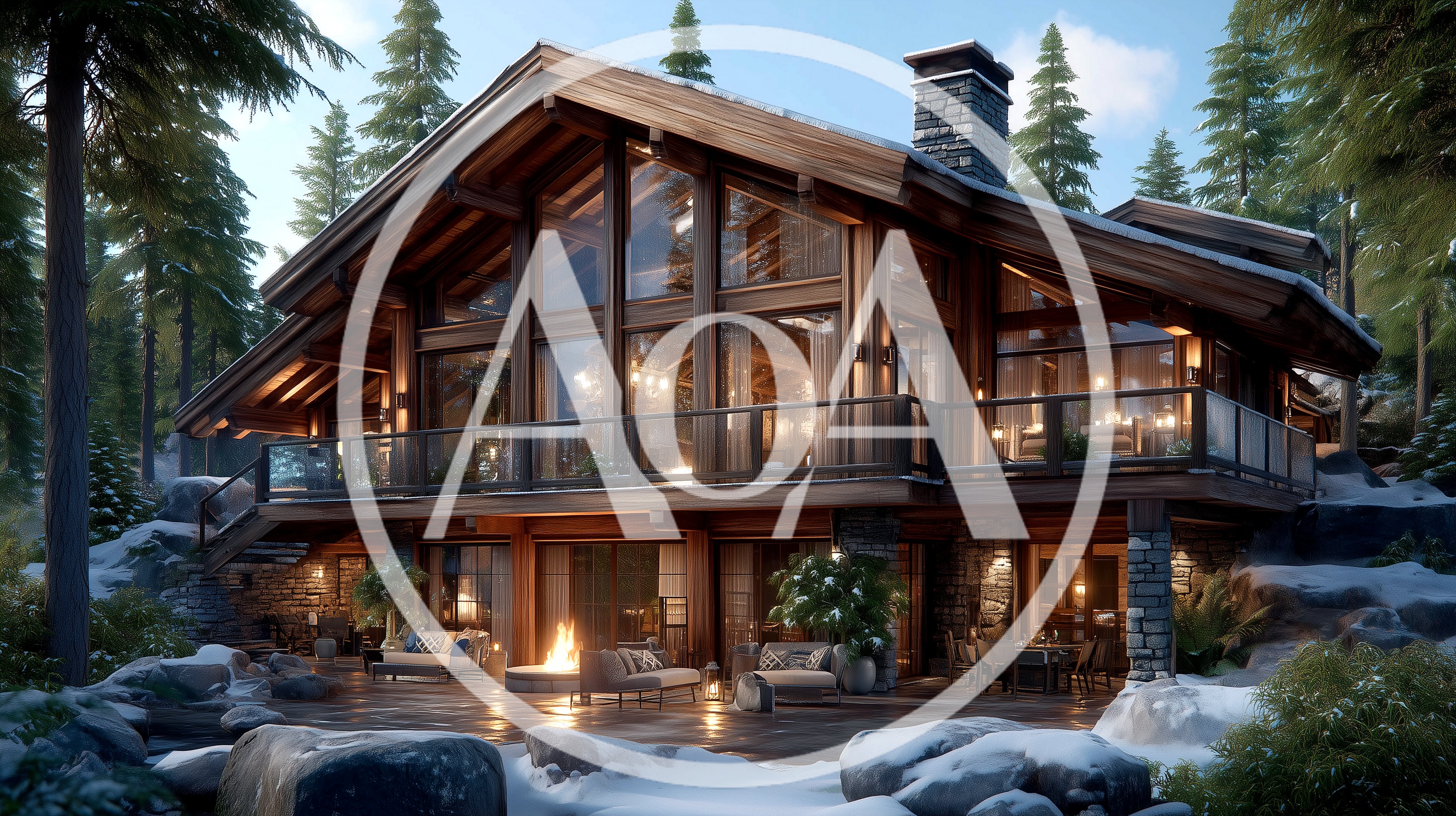 Luxury Wooden Mountain Cabin In Snowy Forest