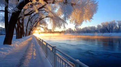 Winter Sunrise Over A Frozen Riverbank