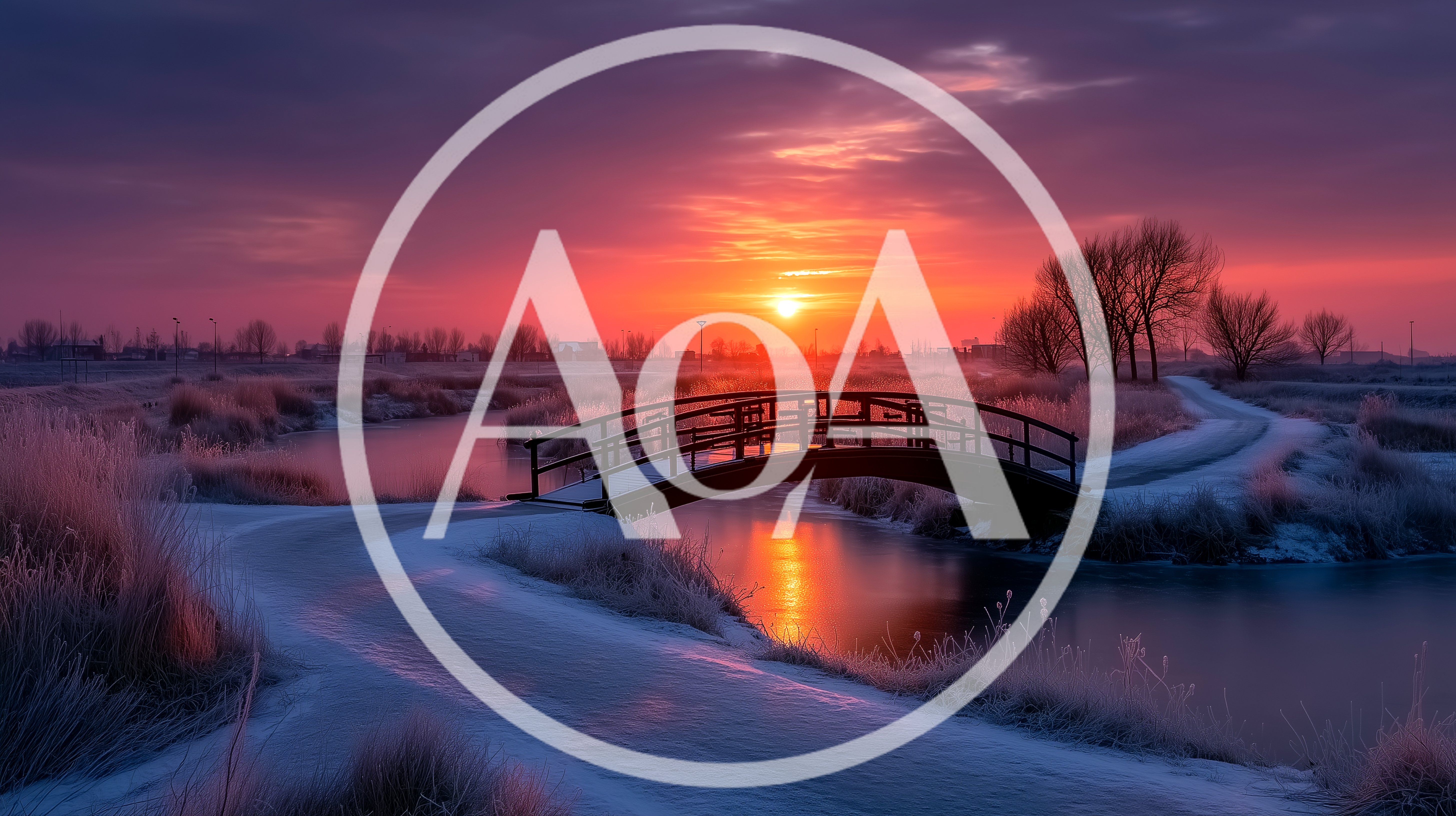 Wooden Footbridge Over Frozen Stream At Sunset