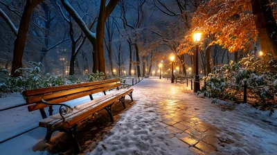 Empty Wooden Bench In Snowy Central Park At Night