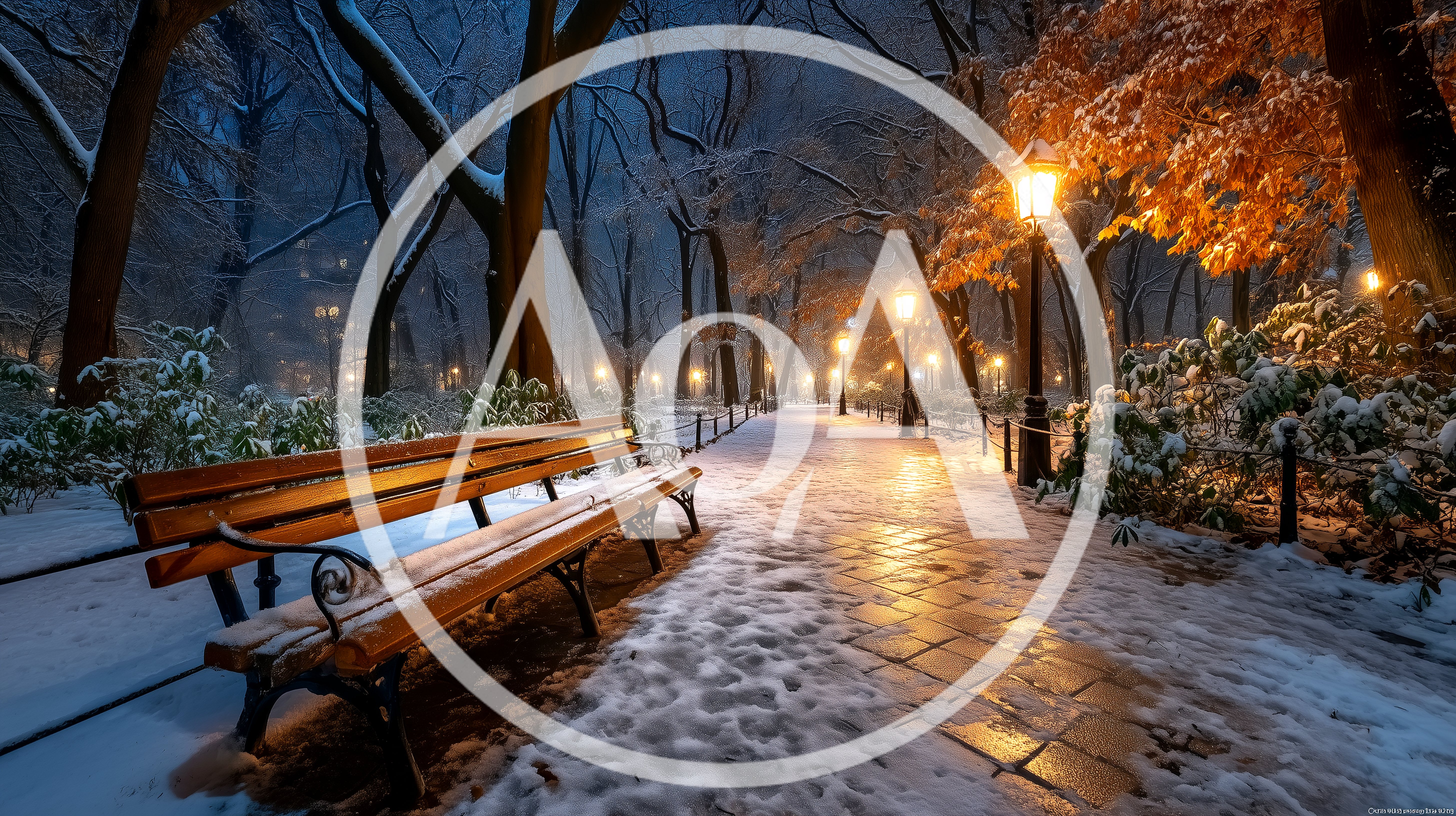 Empty Wooden Bench In Snowy Central Park At Night
