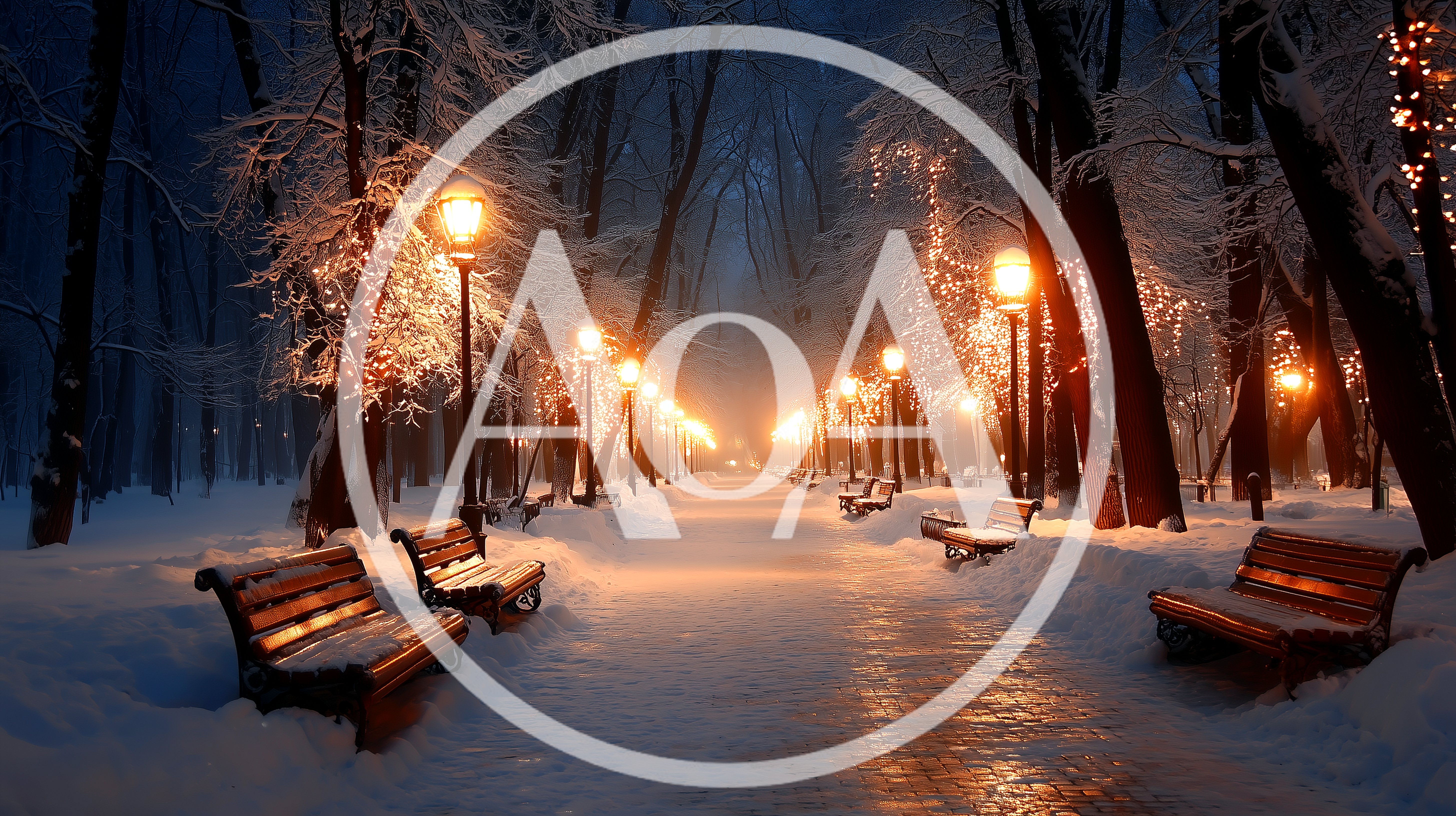 Snow Covered Park Path With Glowing Street Lamps