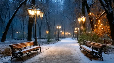 Snow Covered Park Path With Glowing Street Lamps