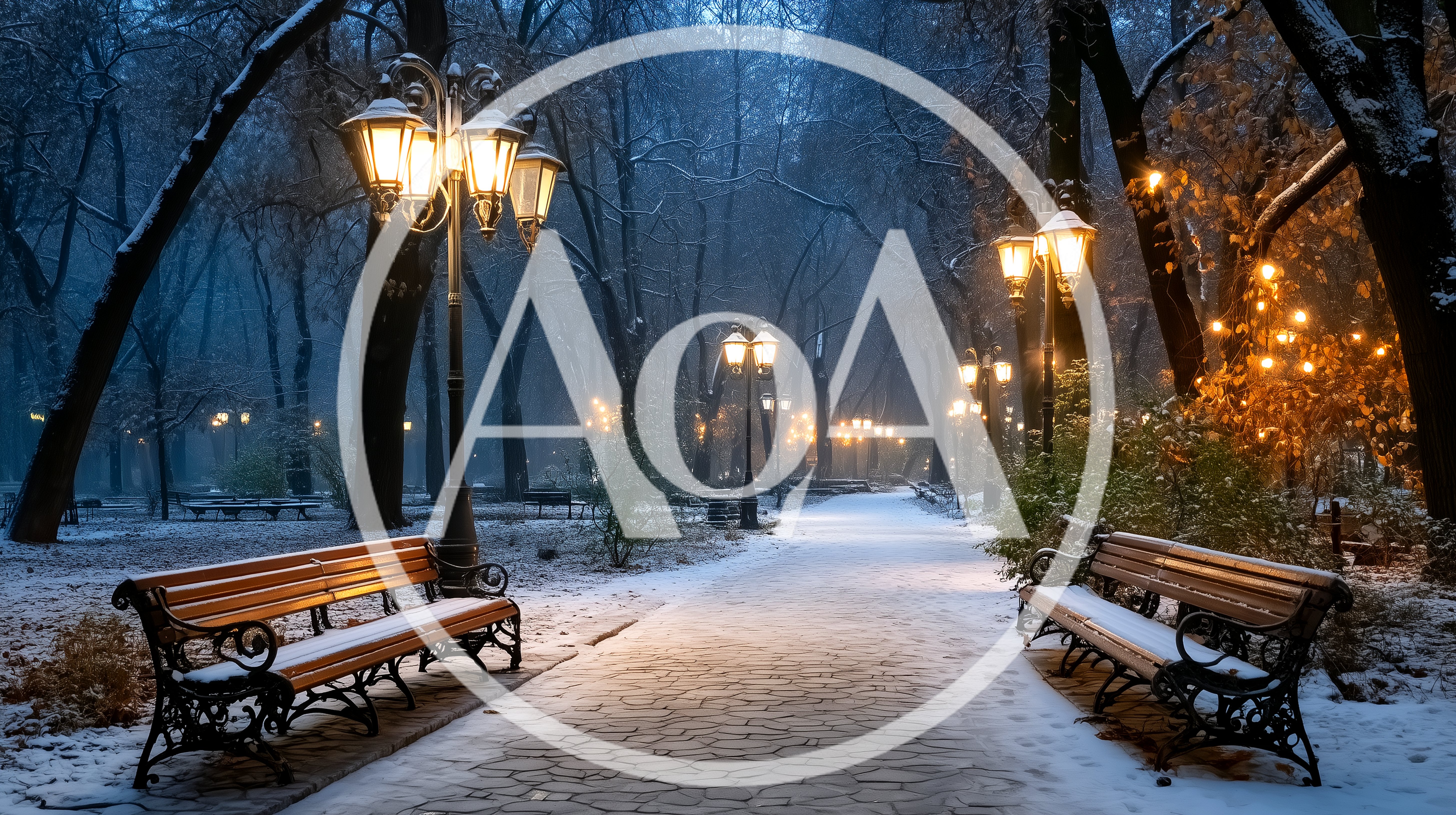 Snow Covered Park Path With Glowing Street Lamps