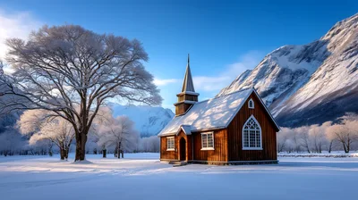 Wooden Church In Snowy Mountain Landscape