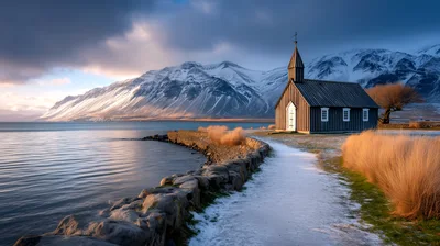 Black Wooden Church By The Icelandic Coast