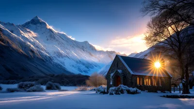 Church of the Good Shepherd in Snowy Mountain Landscape
