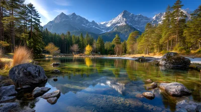 Scenic Alpine Lake With Mountain Reflection