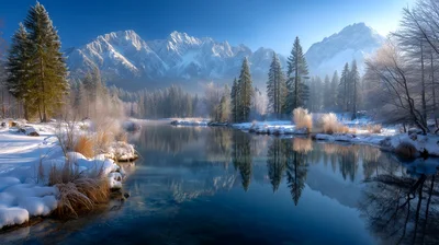 Snowy Mountain Landscape With Reflective Lake