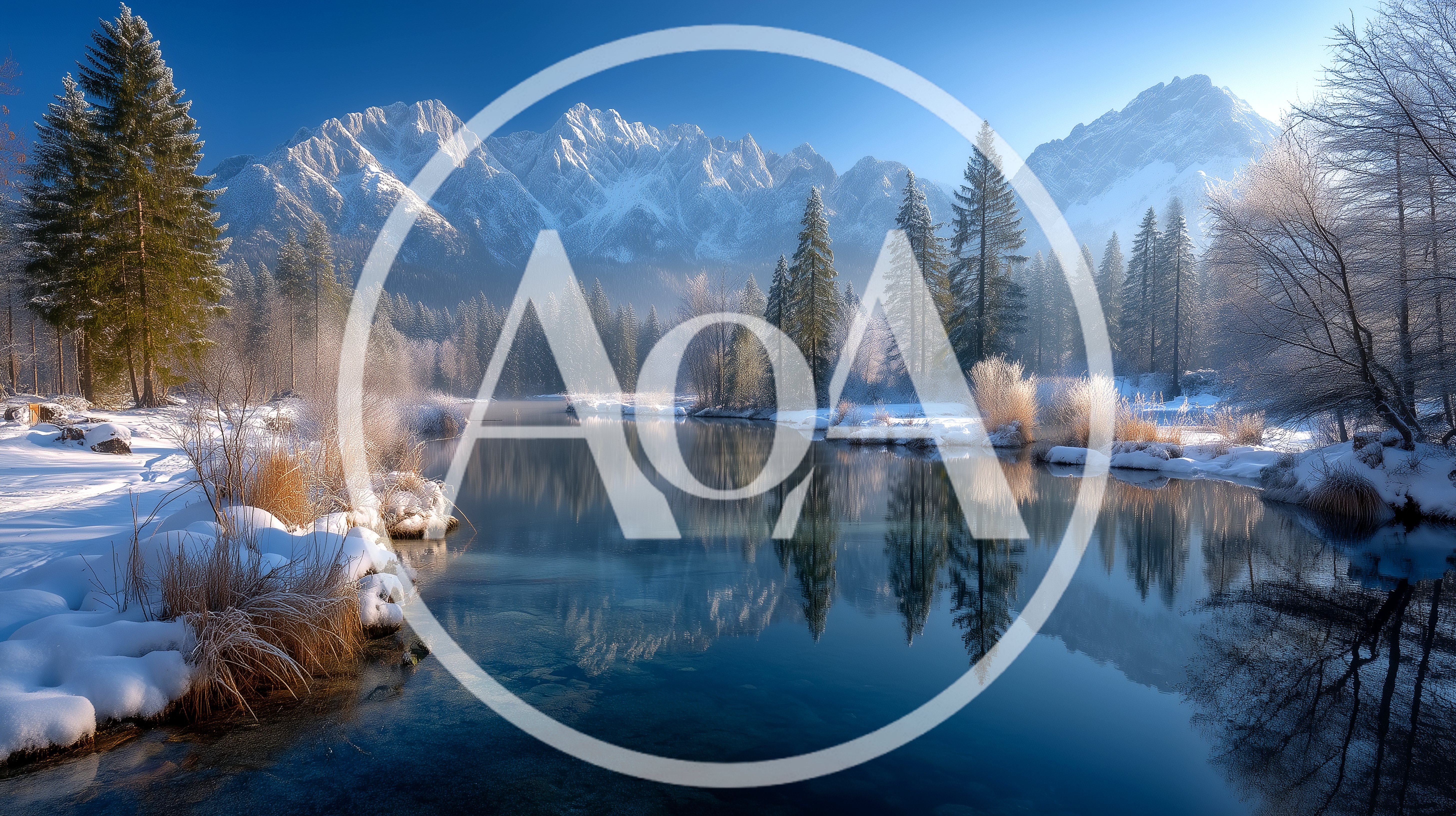 Snowy Mountain Landscape With Reflective Lake