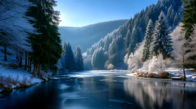 Frozen Lake Surrounded By Snowy Pine Forest