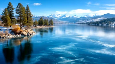 Frozen Lake Surface With Snow Covered Mountains